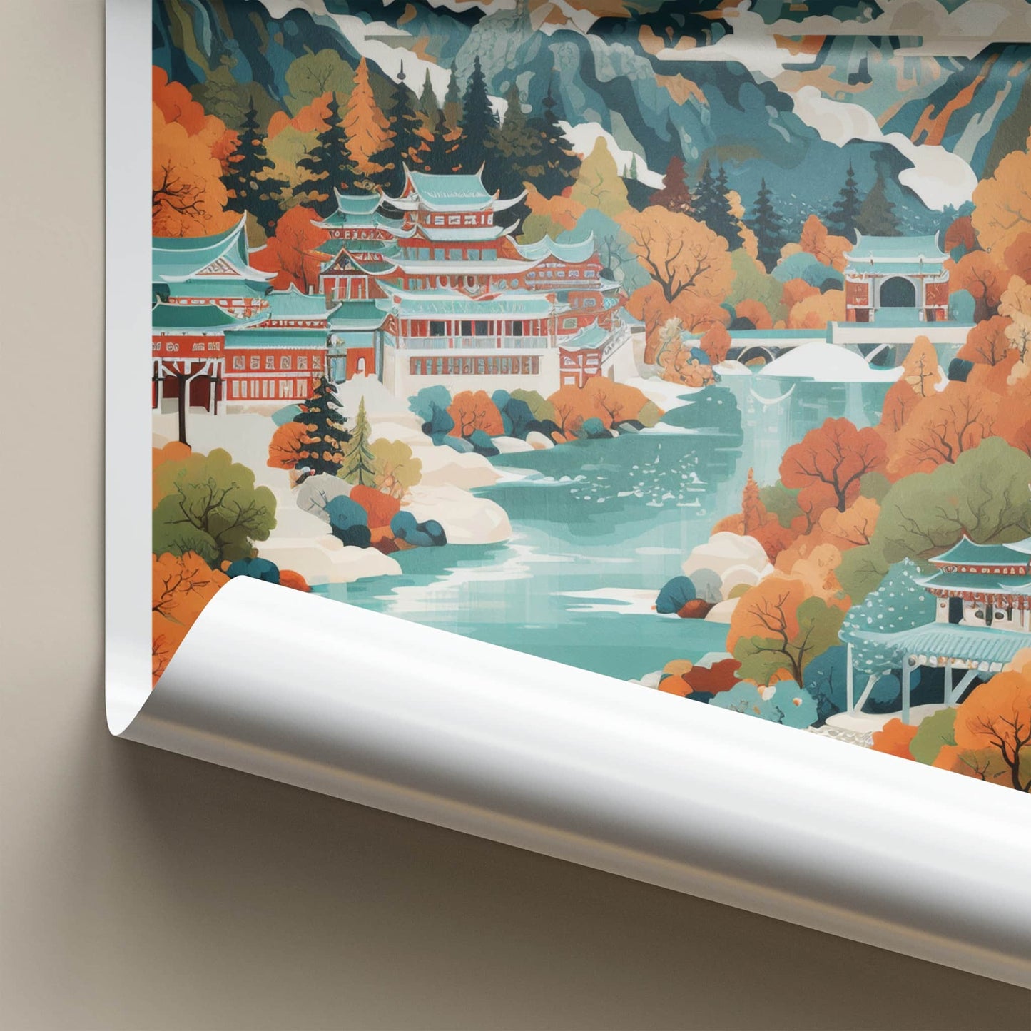 Jiuzhaigou Poster - China Travel Art - Autumn Lake Temples Home Decor