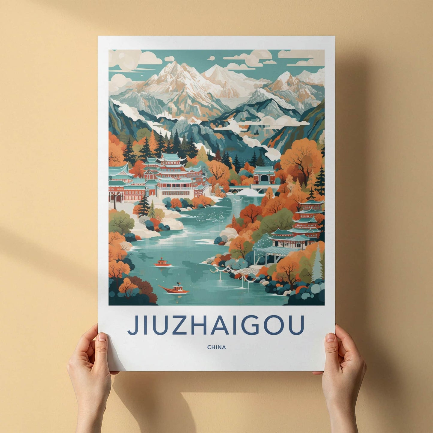 Jiuzhaigou Poster - China Travel Art - Autumn Lake Temples Home Decor