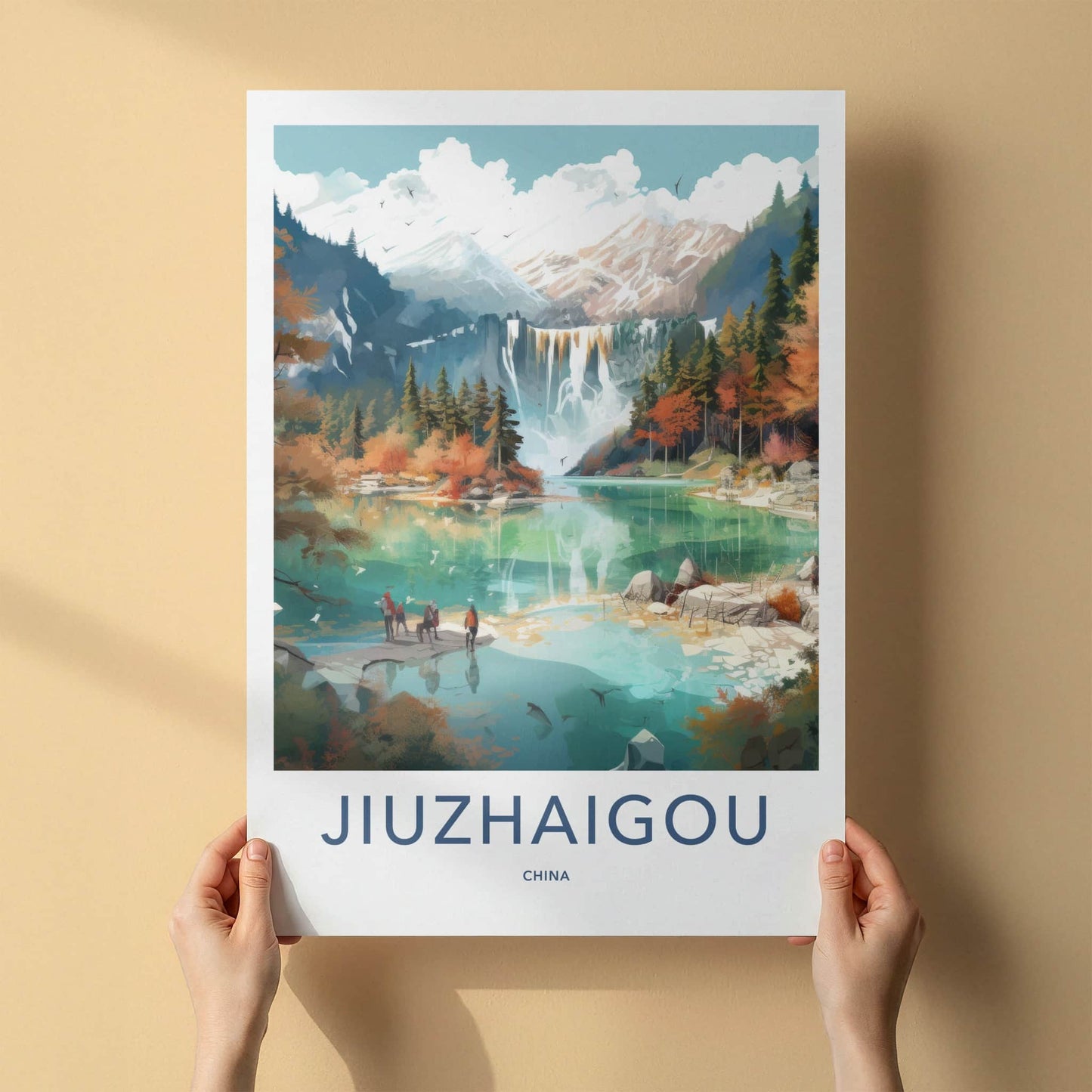 Jiuzhaigou Poster - China Travel Art - Autumn Mountain Waterfall Home Decor