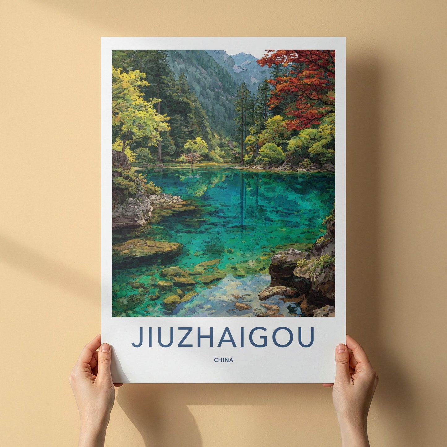 Jiuzhaigou Poster - China Travel Art - Turquoise Lake Valley Home Decor
