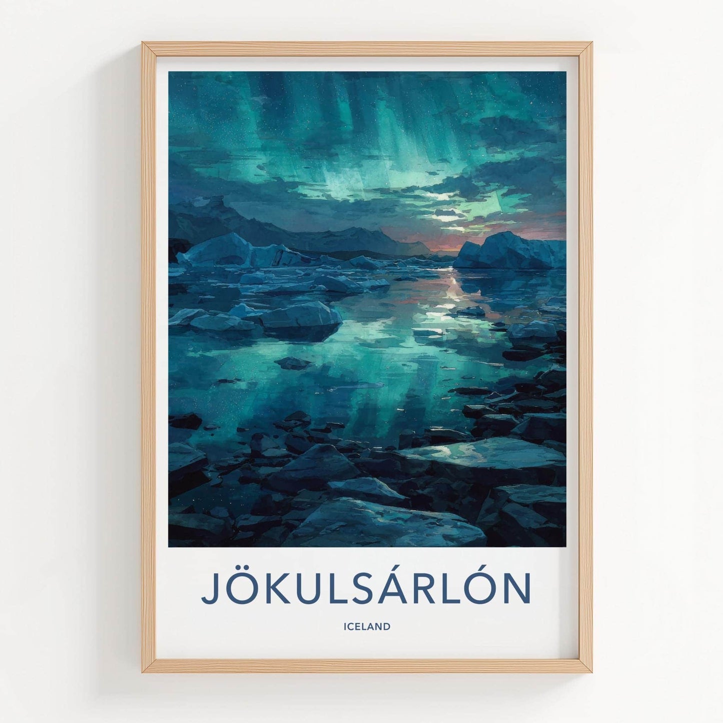 Jokulsarlon Poster - Iceland Travel Art - Aurora Ice Reflections Home Decor