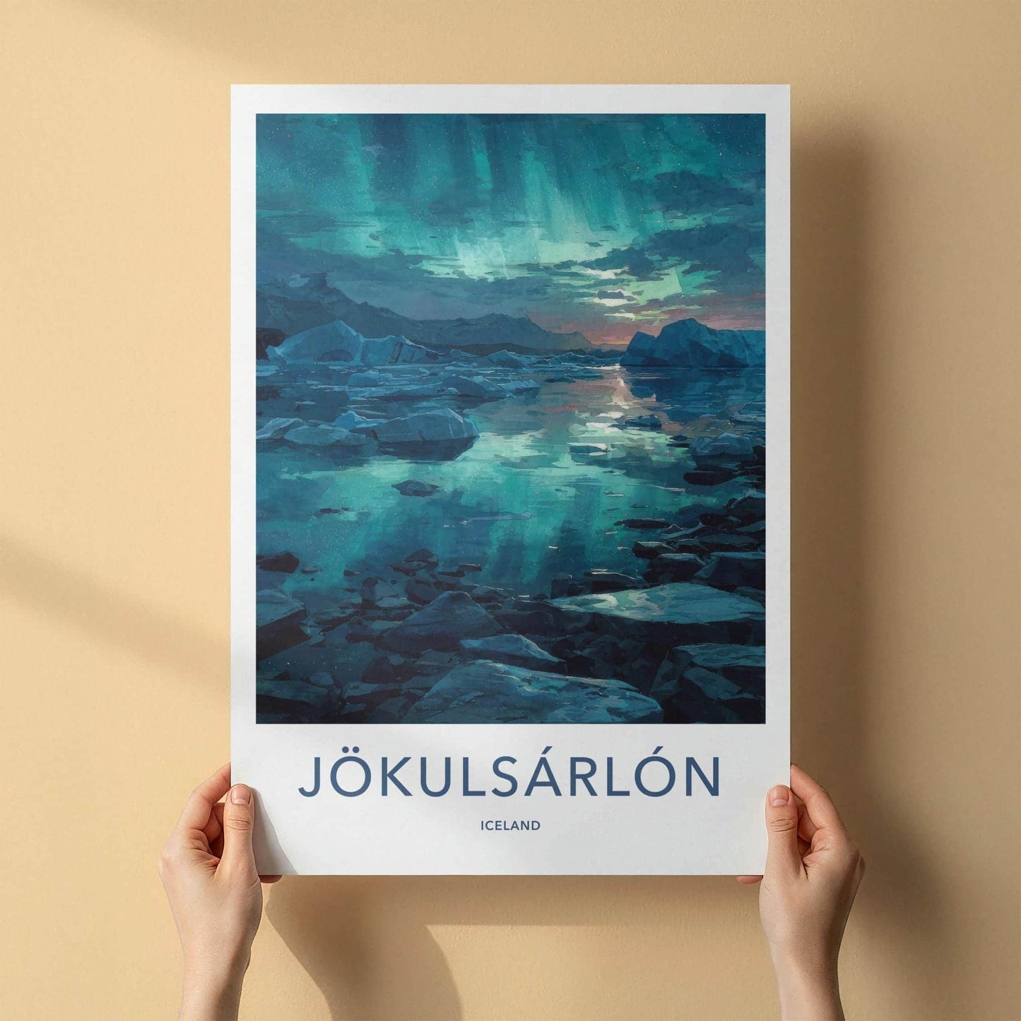 Jokulsarlon Poster - Iceland Travel Art - Aurora Ice Reflections Home Decor