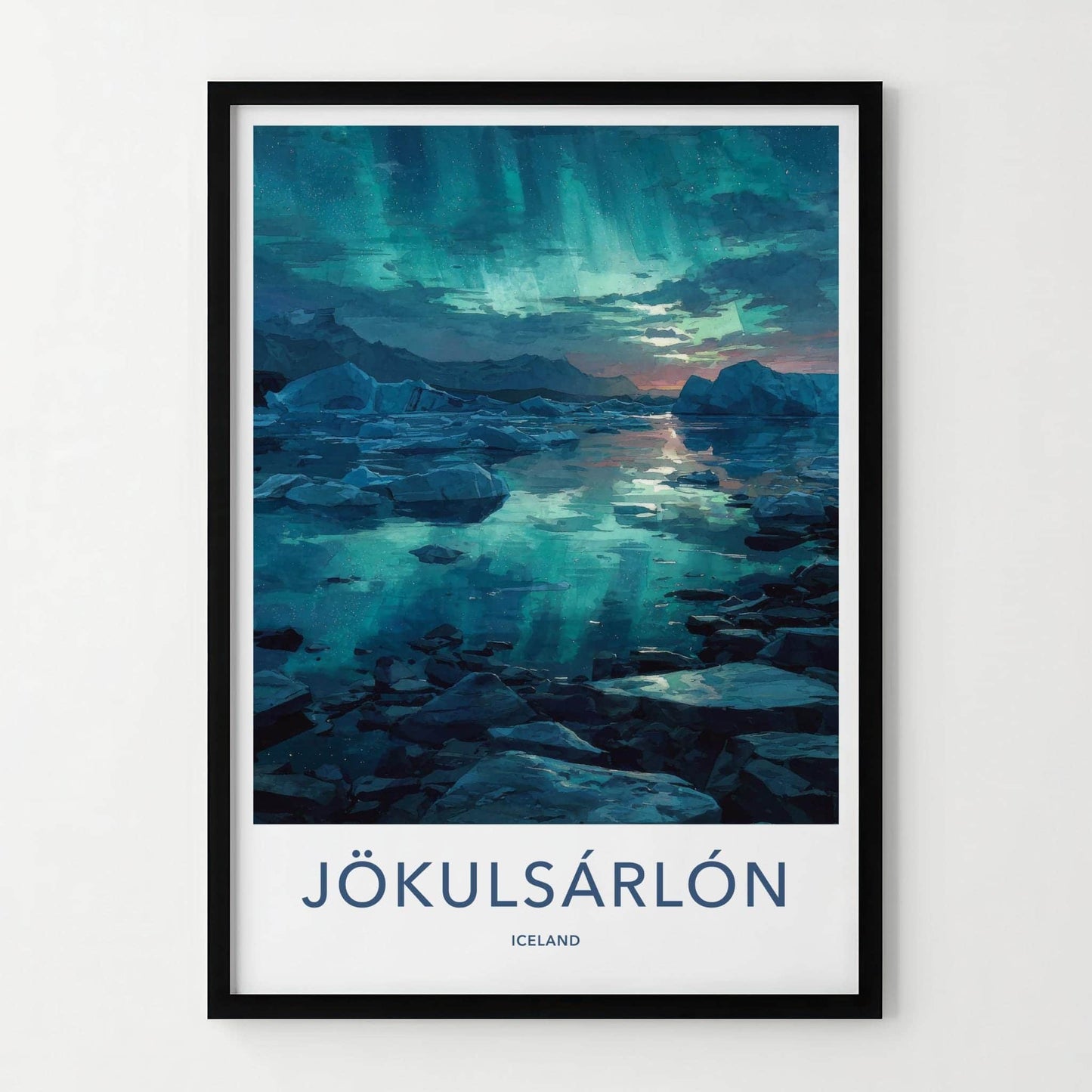 Jokulsarlon Poster - Iceland Travel Art - Aurora Ice Reflections Home Decor