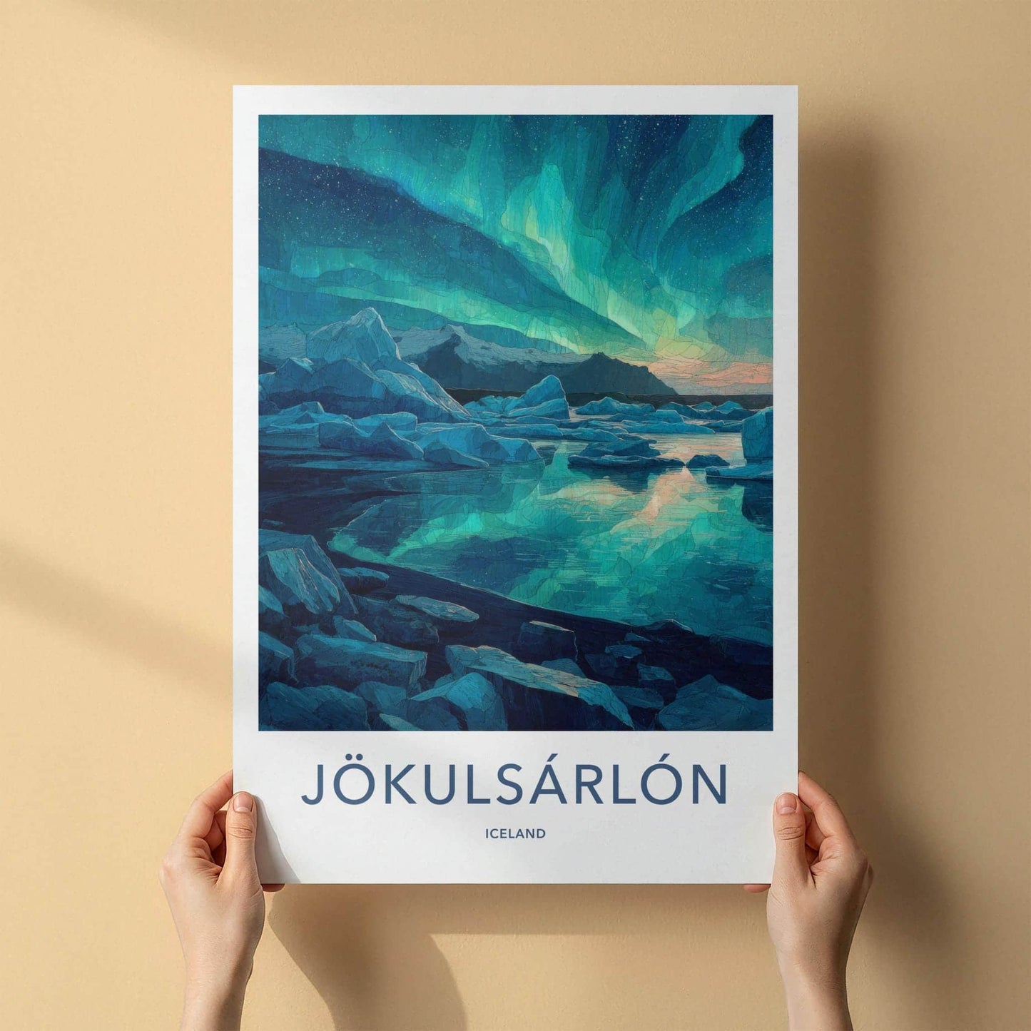 Jokulsarlon Poster - Iceland Travel Art - Glacier Lagoon Aurora Home Decor