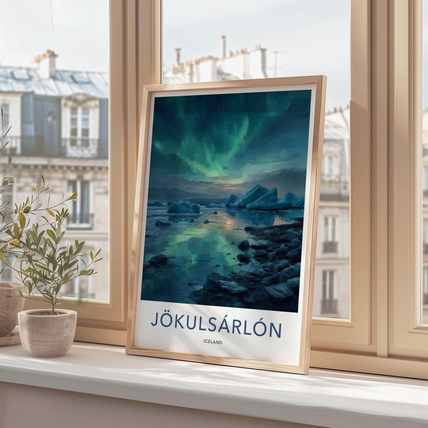 Jokulsarlon Poster - Iceland Travel Art - Icebergs Aurora Reflection Home Decor