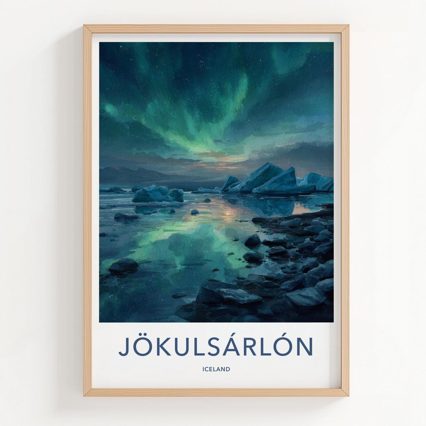 Jokulsarlon Poster - Iceland Travel Art - Icebergs Aurora Reflection Home Decor
