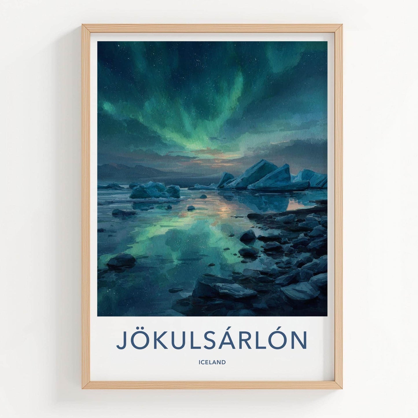 Jokulsarlon Poster - Iceland Travel Art - Icebergs Aurora Reflection Home Decor