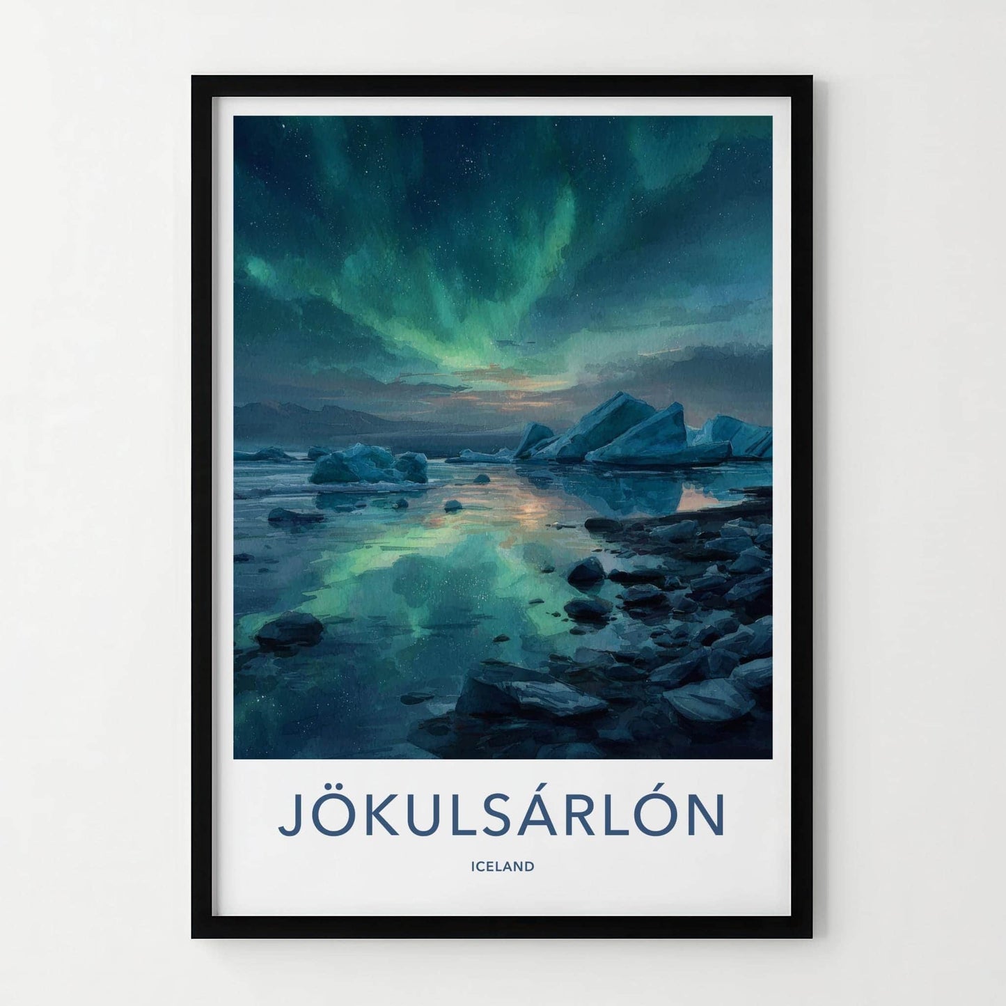 Jokulsarlon Poster - Iceland Travel Art - Icebergs Aurora Reflection Home Decor