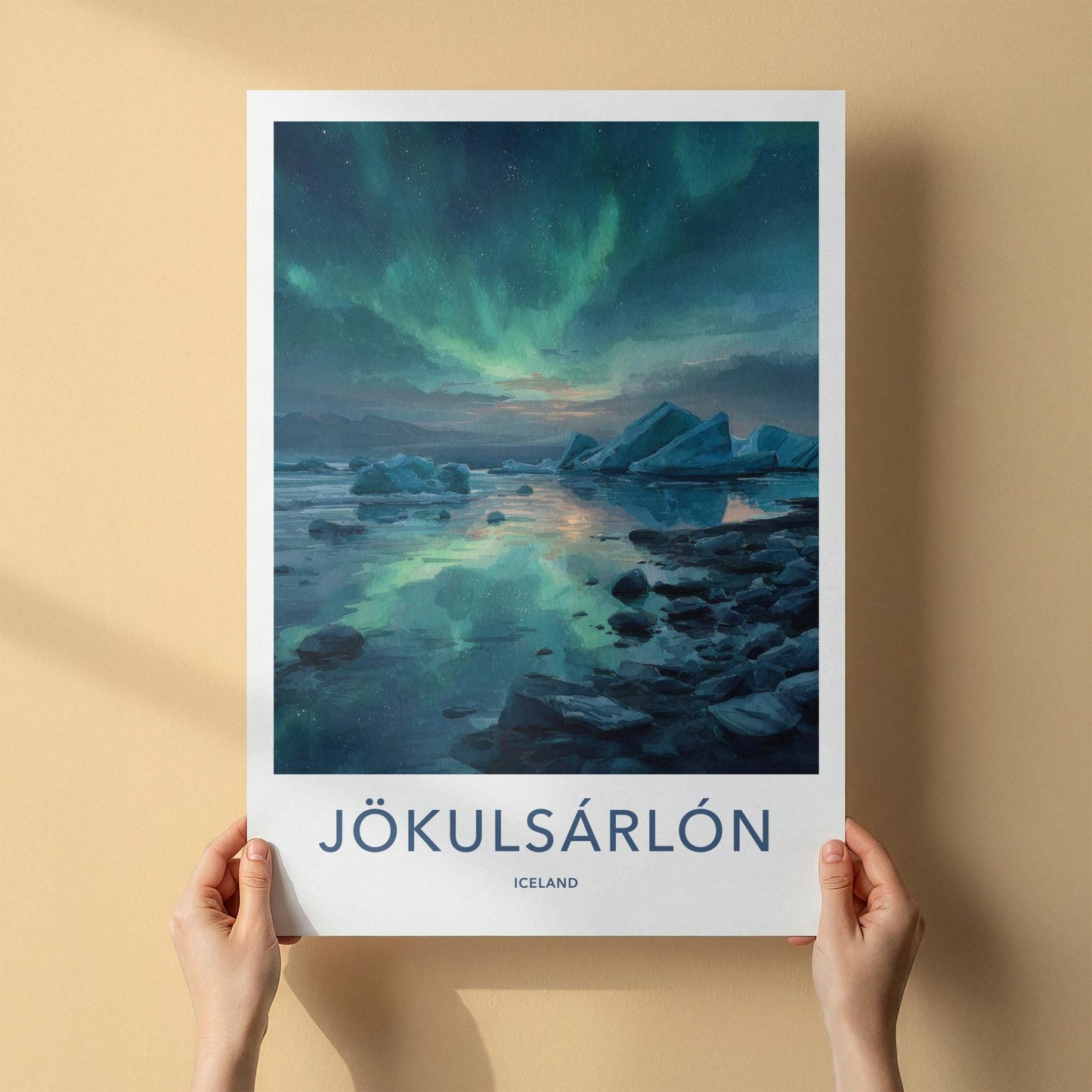 Jokulsarlon Poster - Iceland Travel Art - Icebergs Aurora Reflection Home Decor