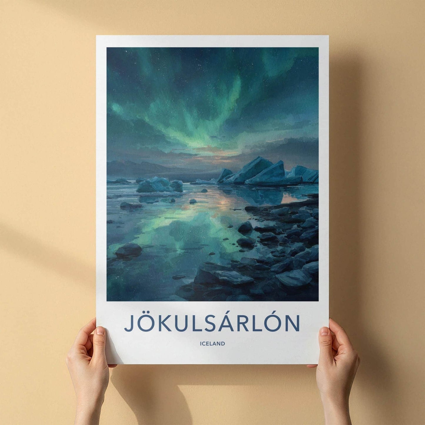 Jokulsarlon Poster - Iceland Travel Art - Icebergs Aurora Reflection Home Decor