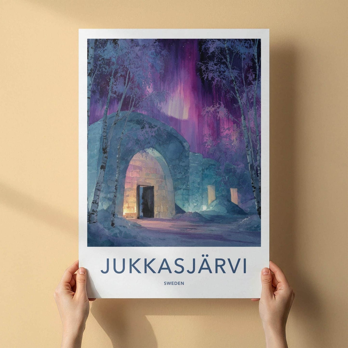 Jukkasjarvi Poster - Sweden Travel Art - Aurora Ice Hotel Home Decor