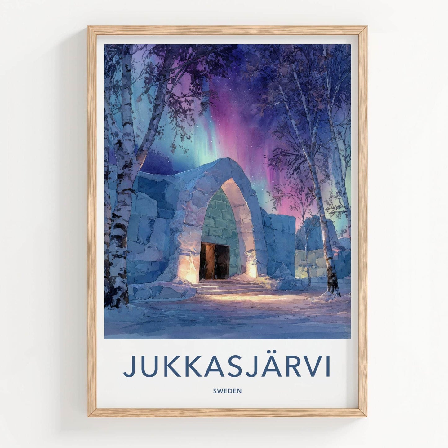 Jukkasjarvi Poster - Sweden Travel Art - Ice Arch Aurora Home Decor