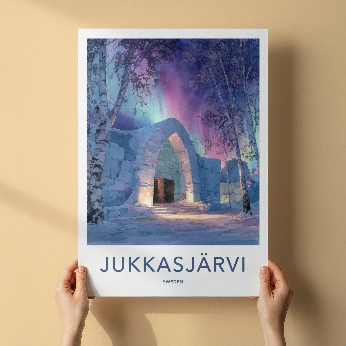 Jukkasjarvi Poster - Sweden Travel Art - Ice Arch Aurora Home Decor