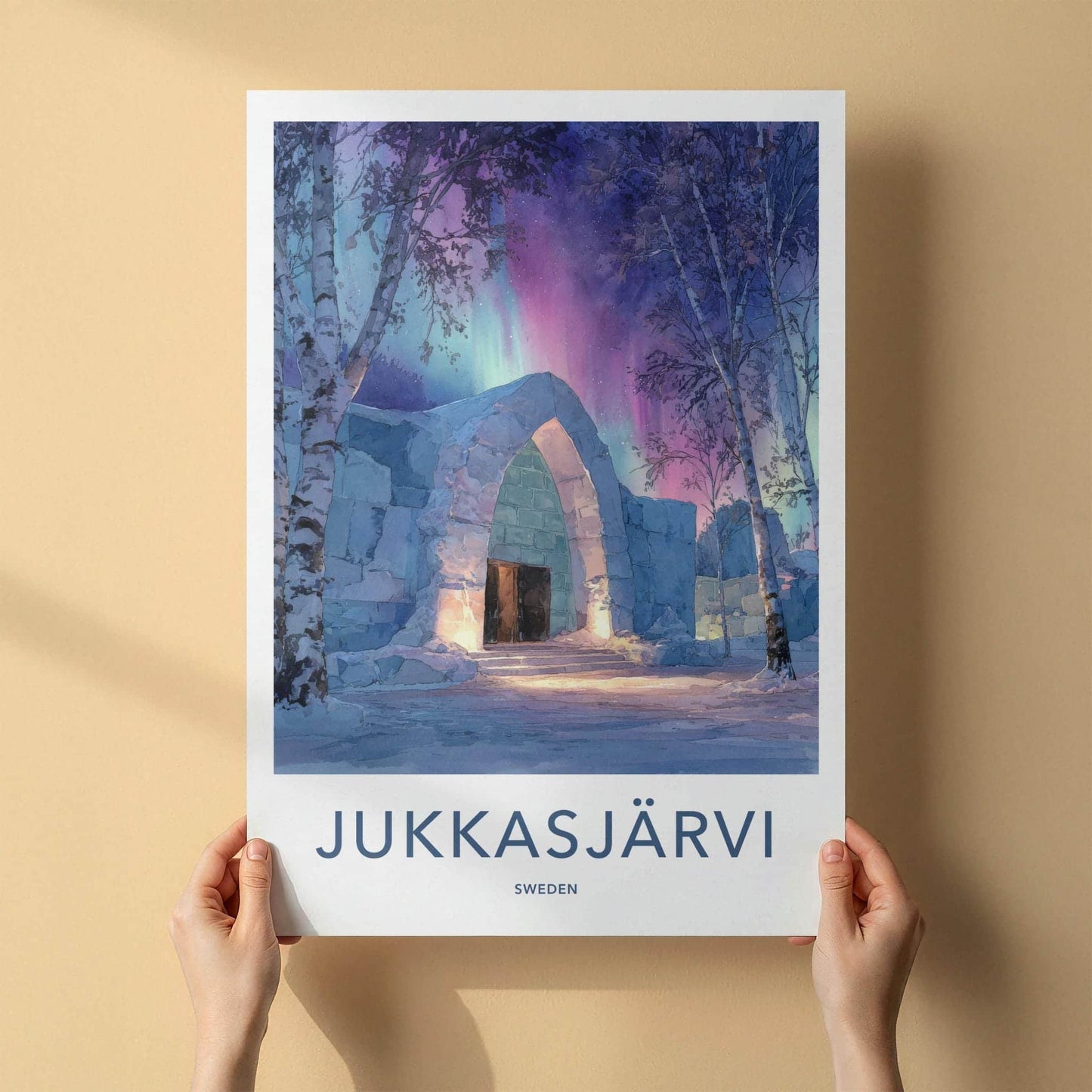 Jukkasjarvi Poster - Sweden Travel Art - Ice Arch Aurora Home Decor