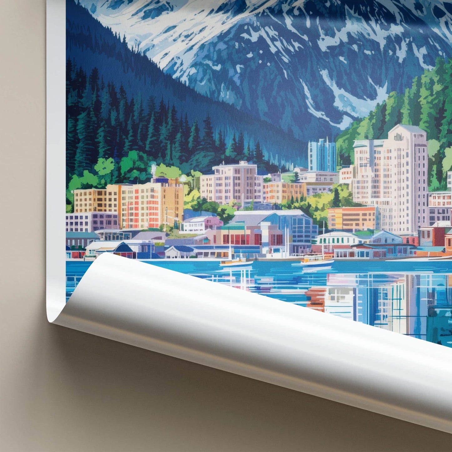 Juneau Poster - Alaska Travel Art - Waterfront City Reflection Home Decor