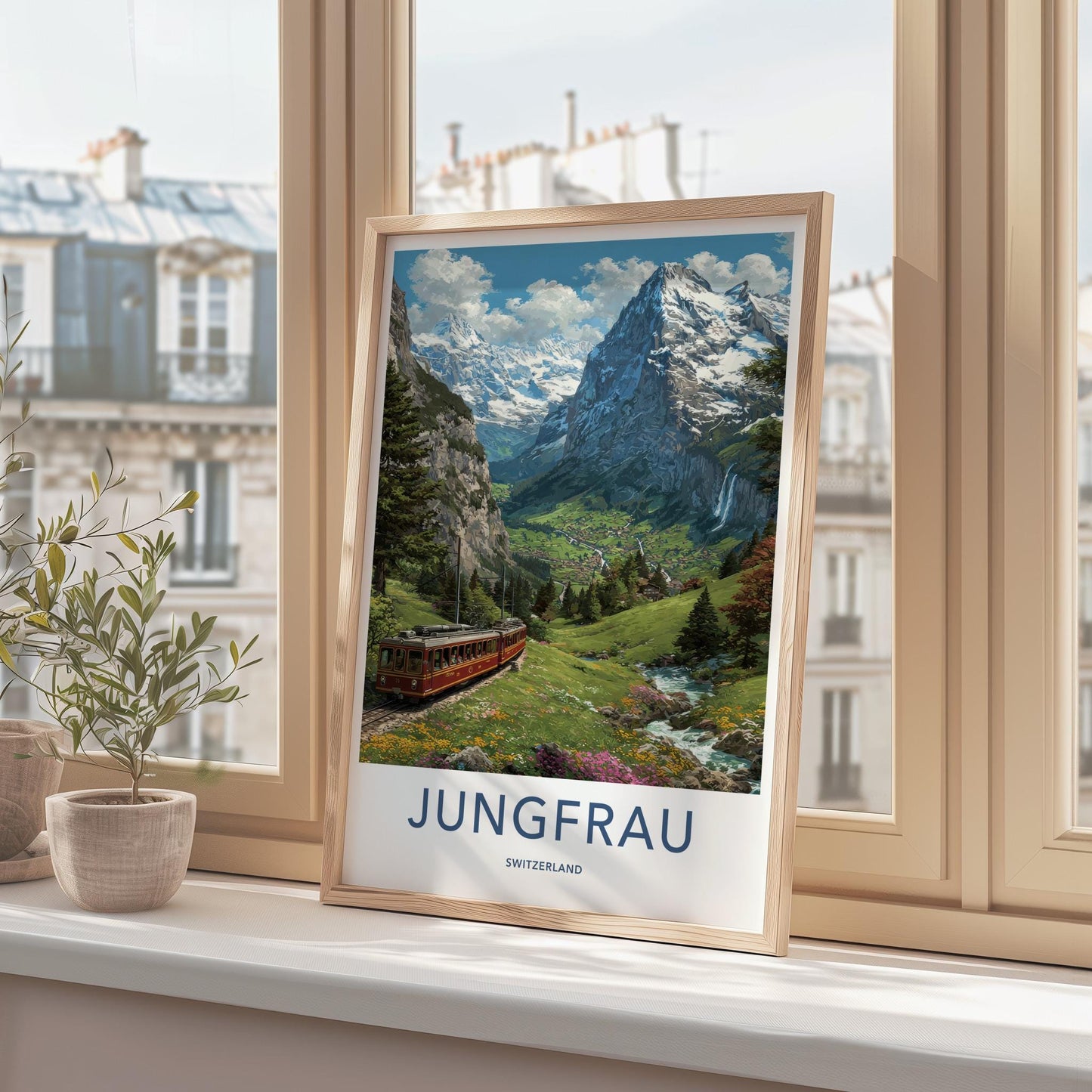 Jungfrau Poster - Switzerland Travel Art - Red Train Valley Wall Decor