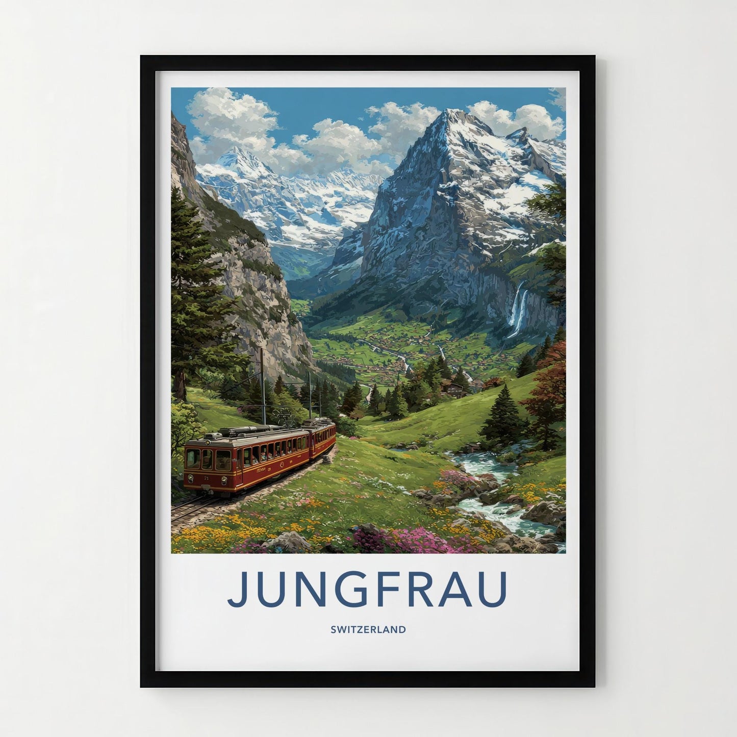 Jungfrau Poster - Switzerland Travel Art - Red Train Valley Wall Decor