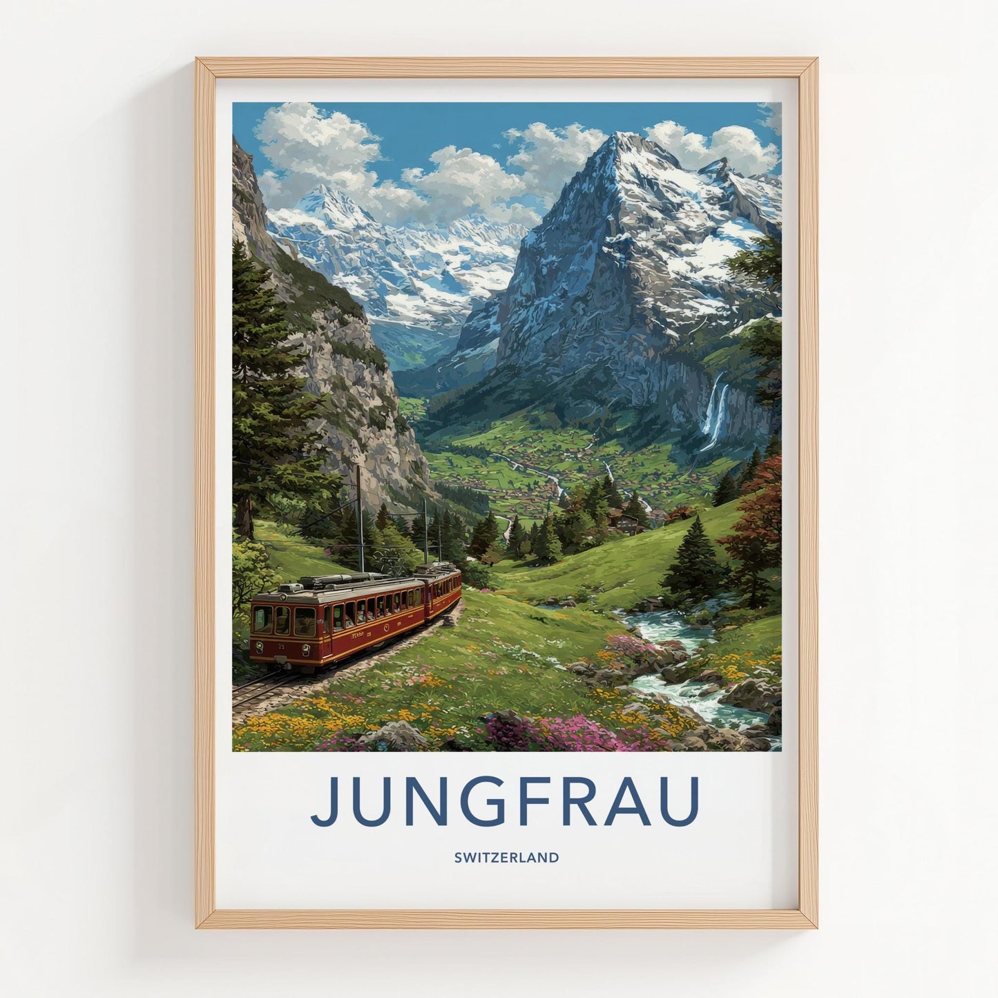 Jungfrau Poster - Switzerland Travel Art - Red Train Valley Wall Decor