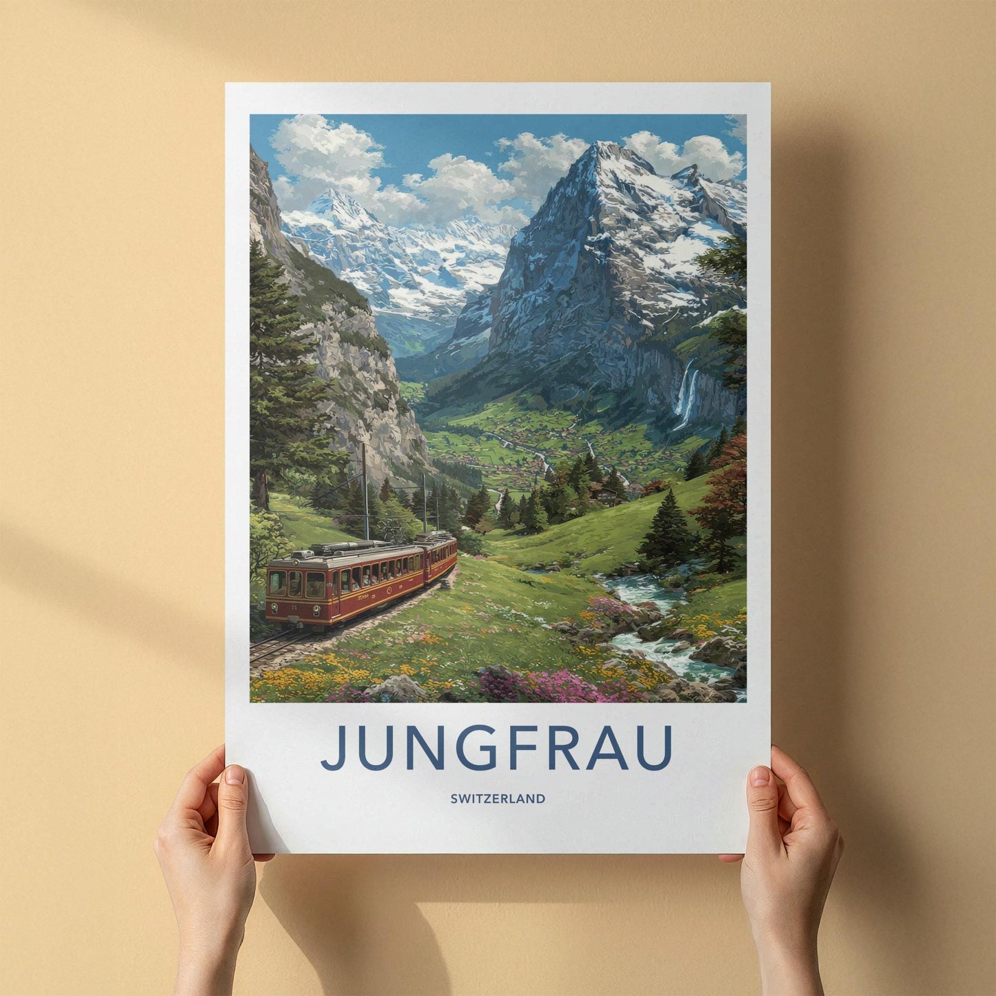 Jungfrau Poster - Switzerland Travel Art - Red Train Valley Wall Decor