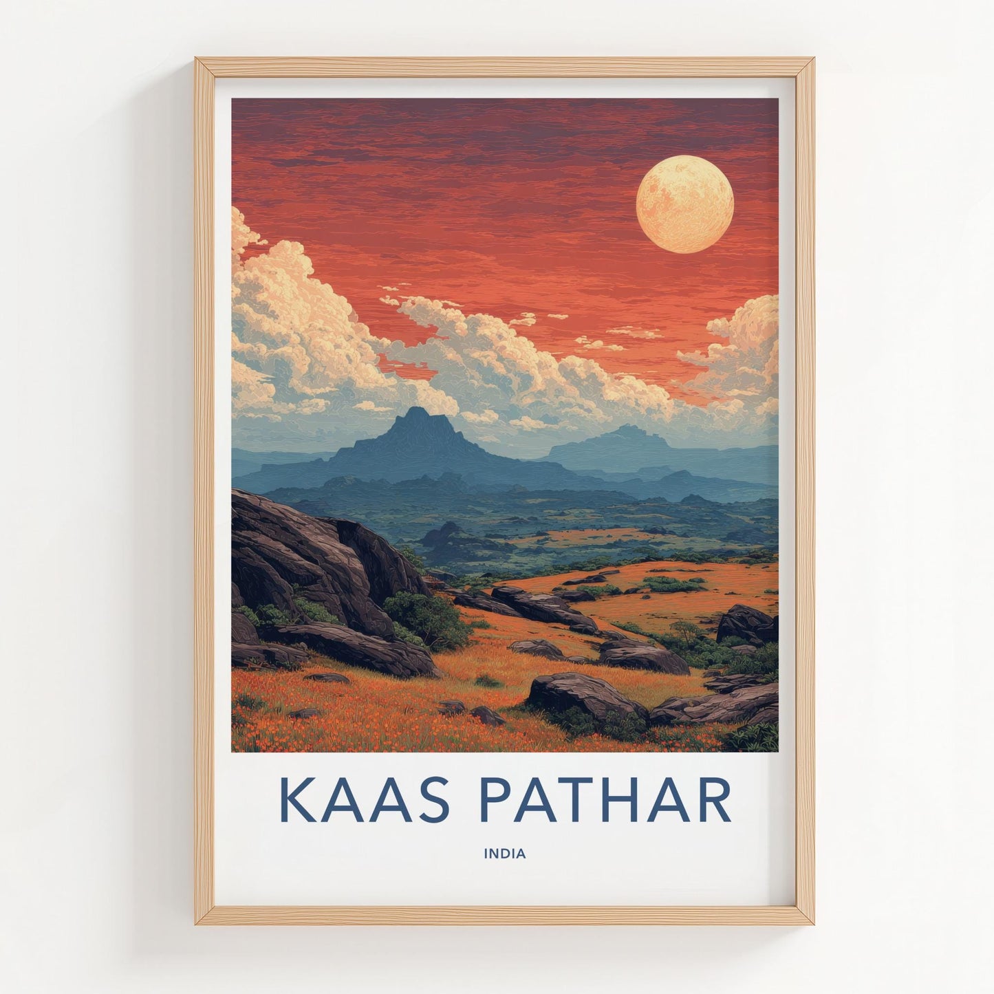 Kaas Pathar Poster - India Travel Art - Maharashtra Autumn Flower Meadow Wall Decor