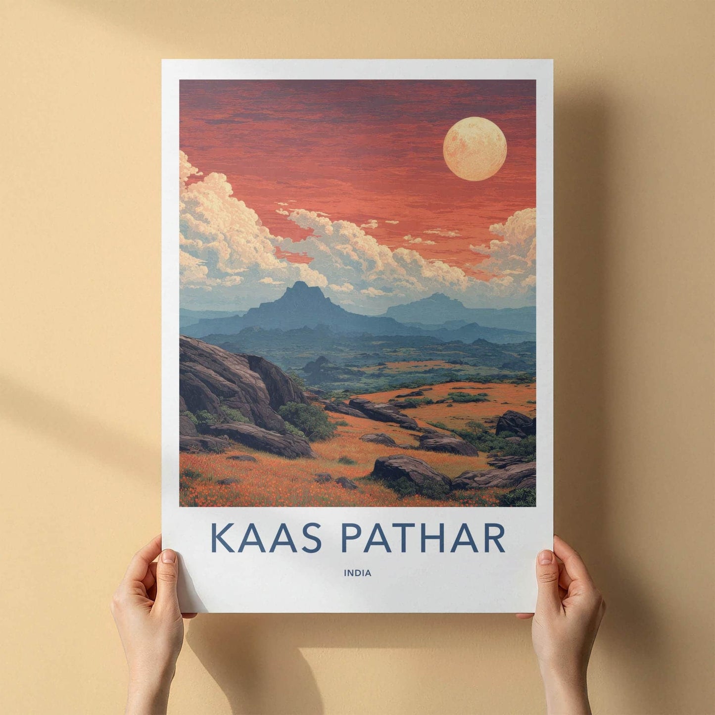Kaas Pathar Poster - India Travel Art - Maharashtra Autumn Flower Meadow Wall Decor