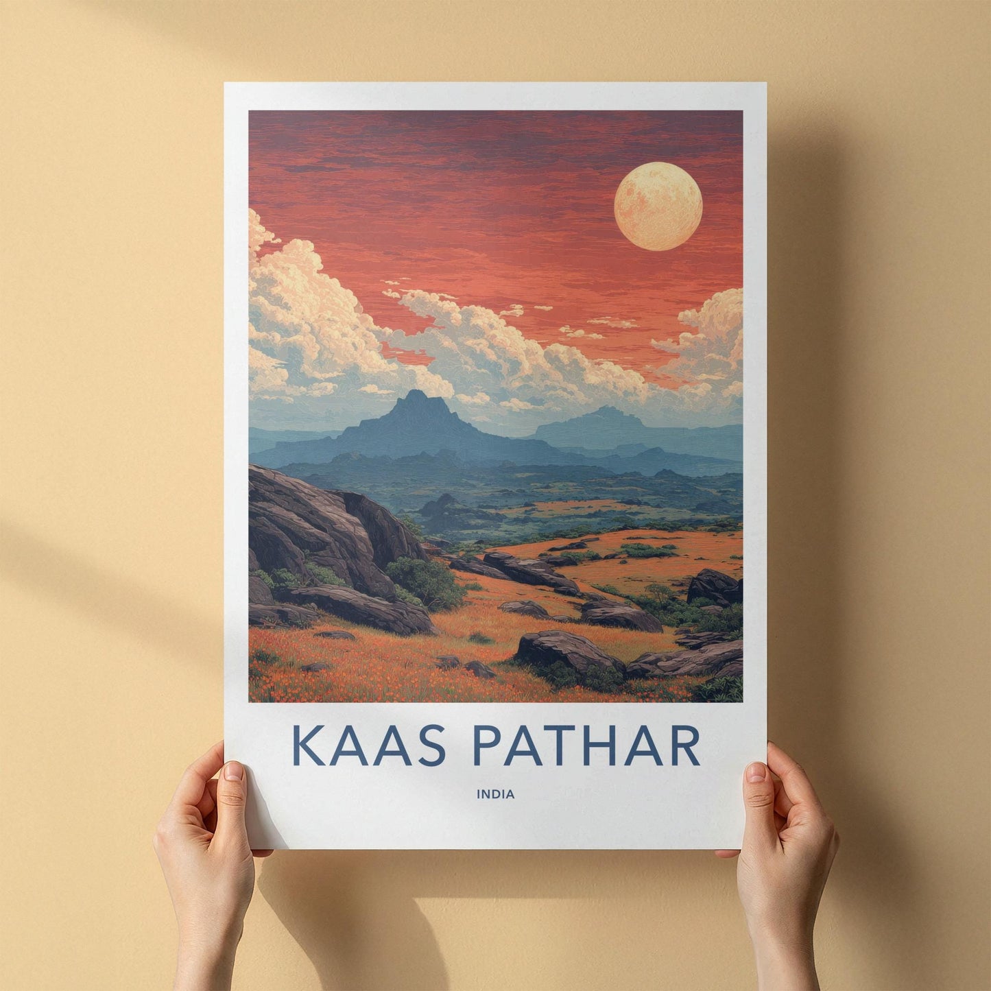 Kaas Pathar Poster - India Travel Art - Maharashtra Autumn Flower Meadow Wall Decor