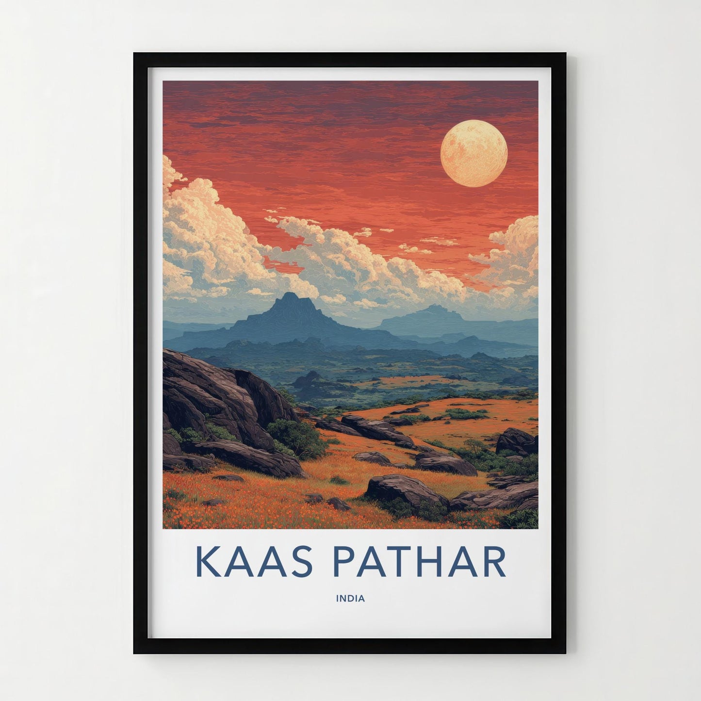 Kaas Pathar Poster - India Travel Art - Maharashtra Autumn Flower Meadow Wall Decor