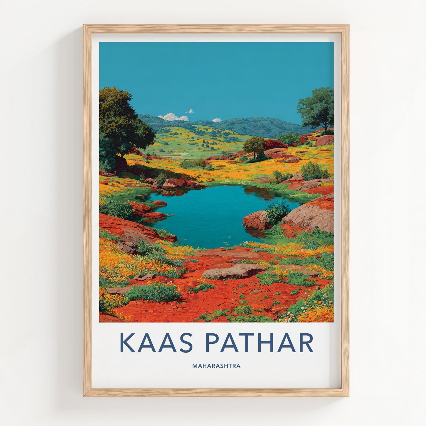 Kaas Pathar Poster - India Travel Art - Maharashtra Blue Lake Flowers Home Decor
