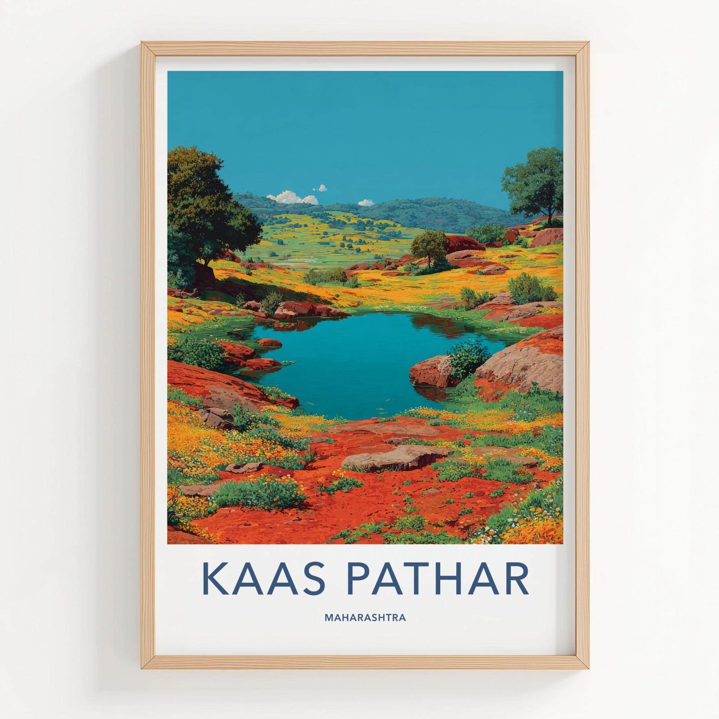 Kaas Pathar Poster - India Travel Art - Maharashtra Blue Lake Flowers Home Decor