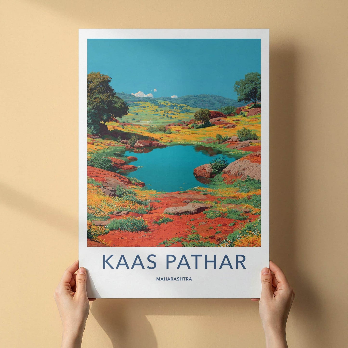 Kaas Pathar Poster - India Travel Art - Maharashtra Blue Lake Flowers Home Decor