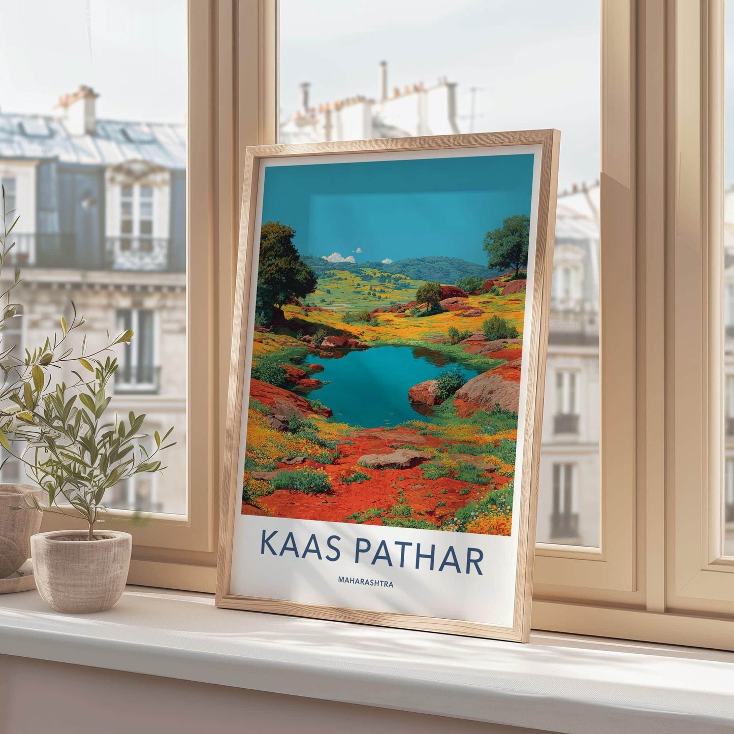 Kaas Pathar Poster - India Travel Art - Maharashtra Blue Lake Flowers Home Decor