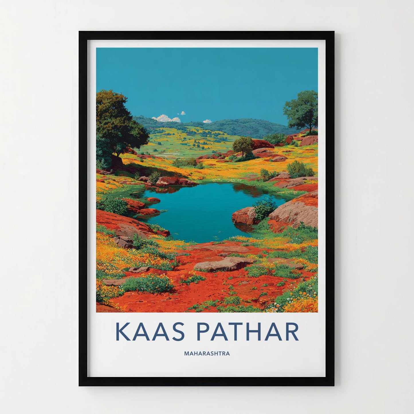 Kaas Pathar Poster - India Travel Art - Maharashtra Blue Lake Flowers Home Decor