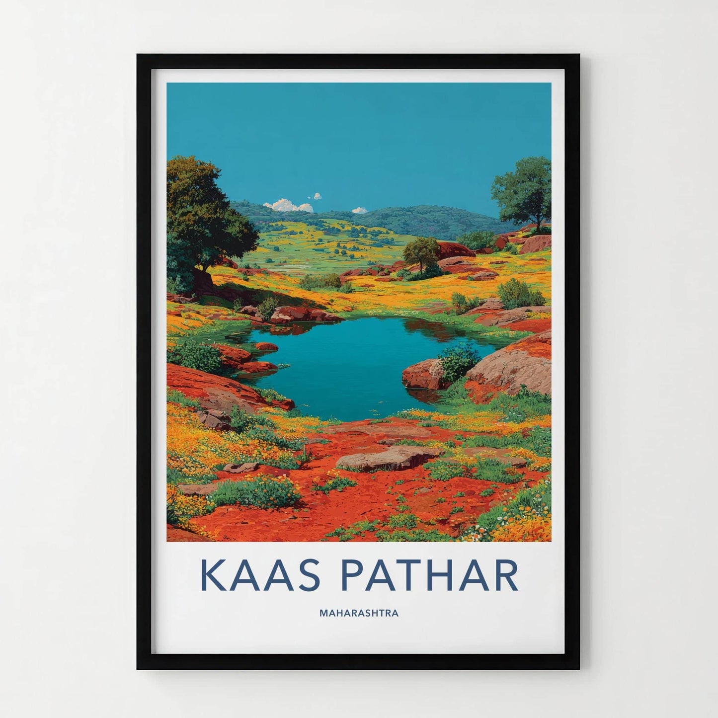 Kaas Pathar Poster - India Travel Art - Maharashtra Blue Lake Flowers Home Decor