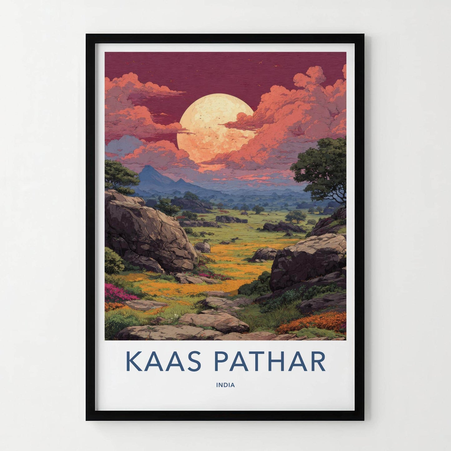 Kaas Pathar Poster - India Travel Art - Maharashtra dramatic moonscape Home Decor