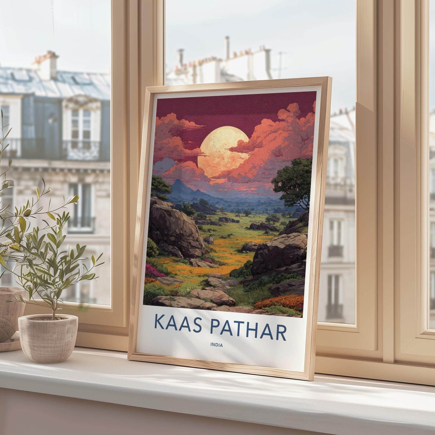 Kaas Pathar Poster - India Travel Art - Maharashtra dramatic moonscape Home Decor