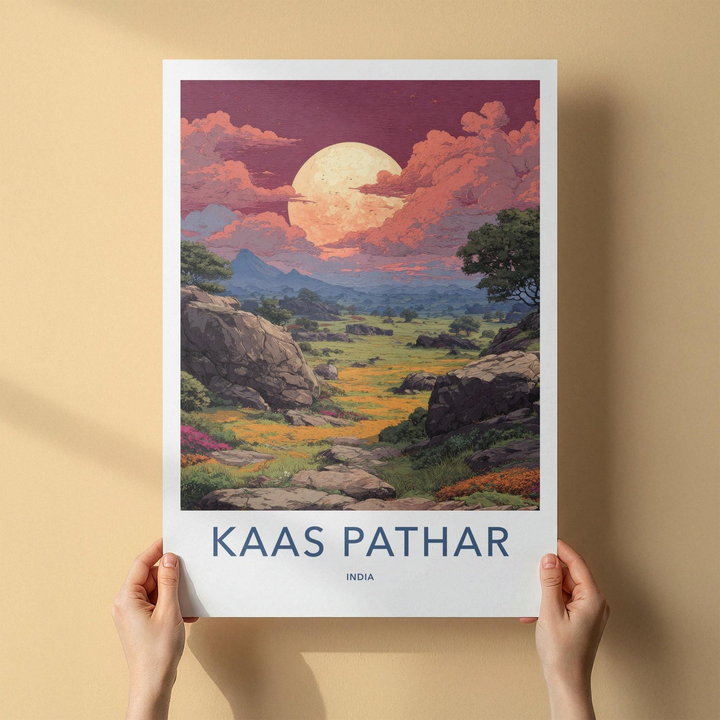 Kaas Pathar Poster - India Travel Art - Maharashtra dramatic moonscape Home Decor