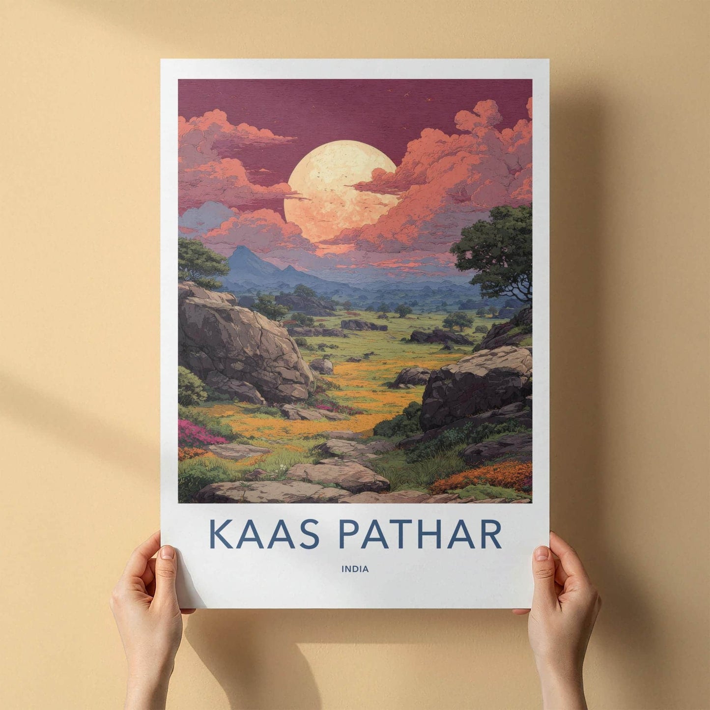 Kaas Pathar Poster - India Travel Art - Maharashtra dramatic moonscape Home Decor