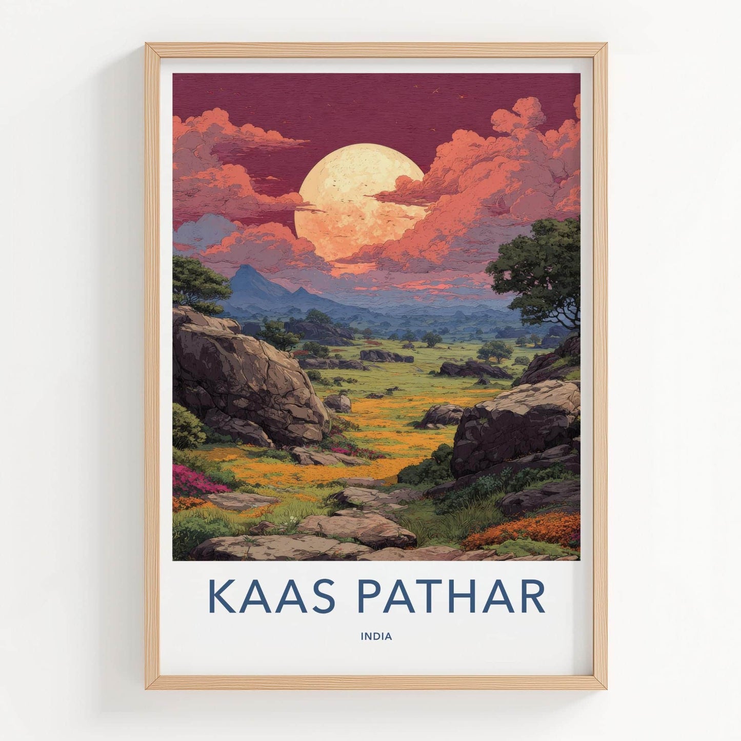 Kaas Pathar Poster - India Travel Art - Maharashtra dramatic moonscape Home Decor