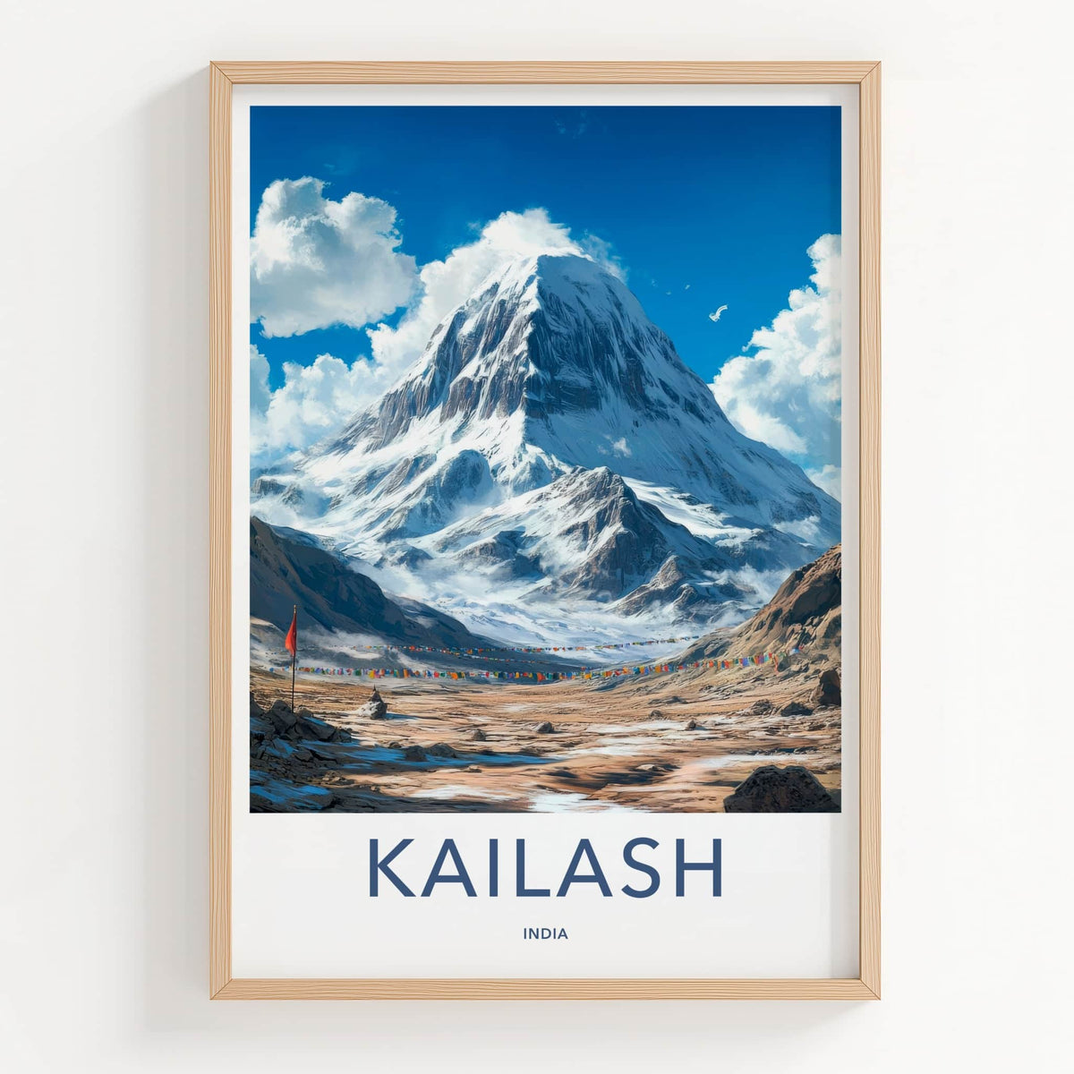 Kailash Poster - India Travel Art - Snowy Mountain Prayer Flags Wall Decor