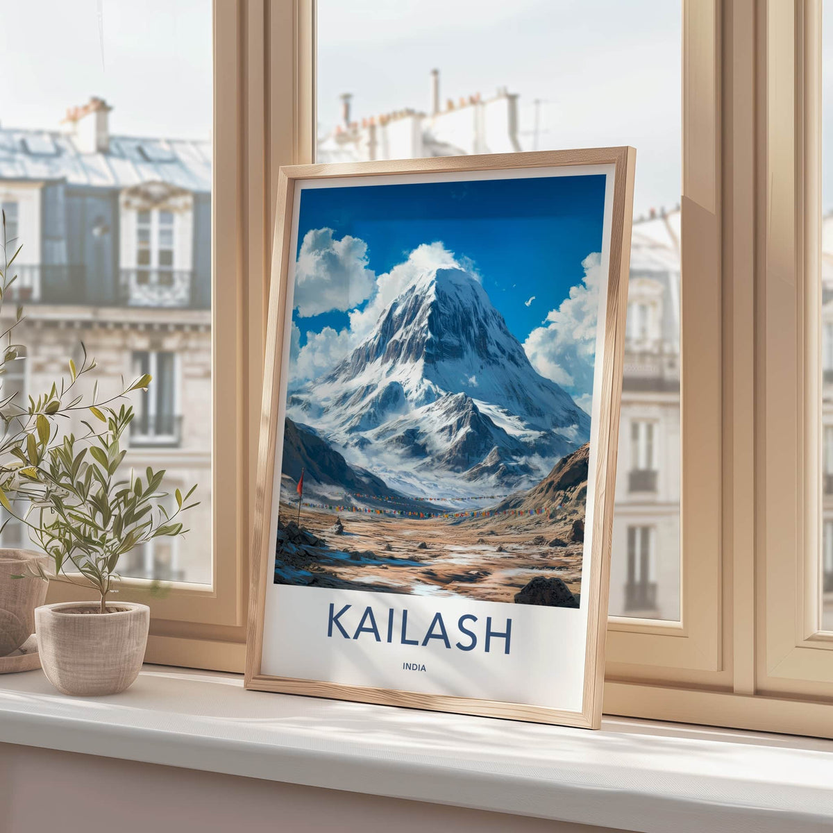 Kailash Poster - India Travel Art - Snowy Mountain Prayer Flags Wall Decor