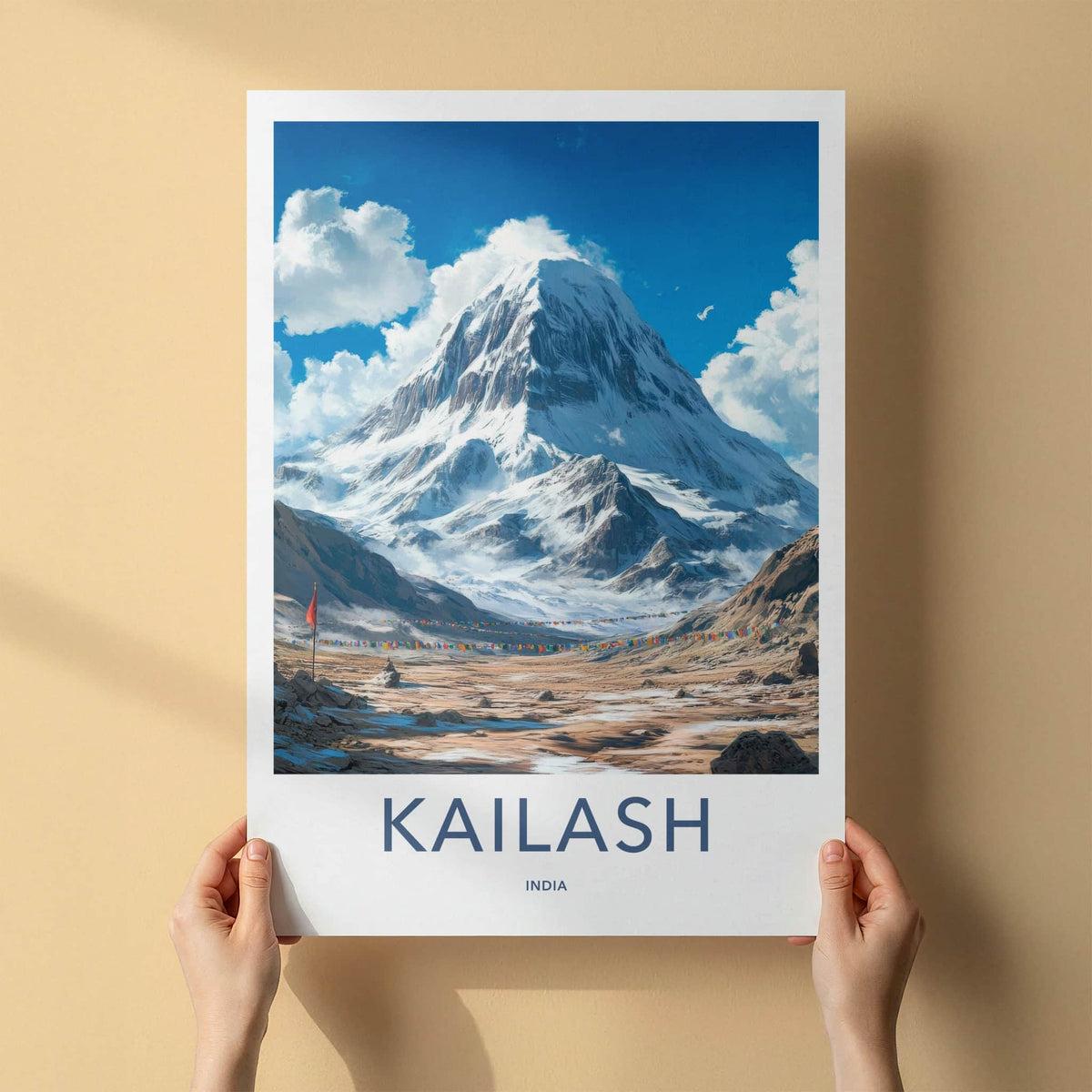 Kailash Poster - India Travel Art - Snowy Mountain Prayer Flags Wall Decor