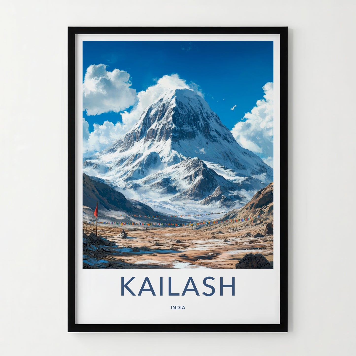 Kailash Poster - India Travel Art - Snowy Mountain Prayer Flags Wall Decor