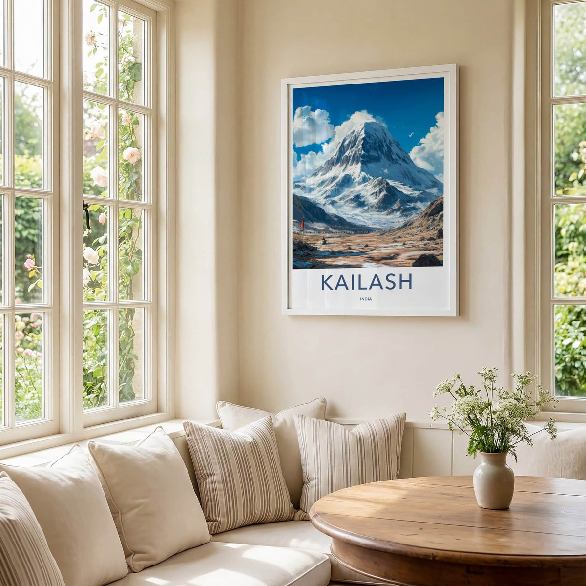 Kailash Poster - India Travel Art - Snowy Mountain Prayer Flags Wall Decor