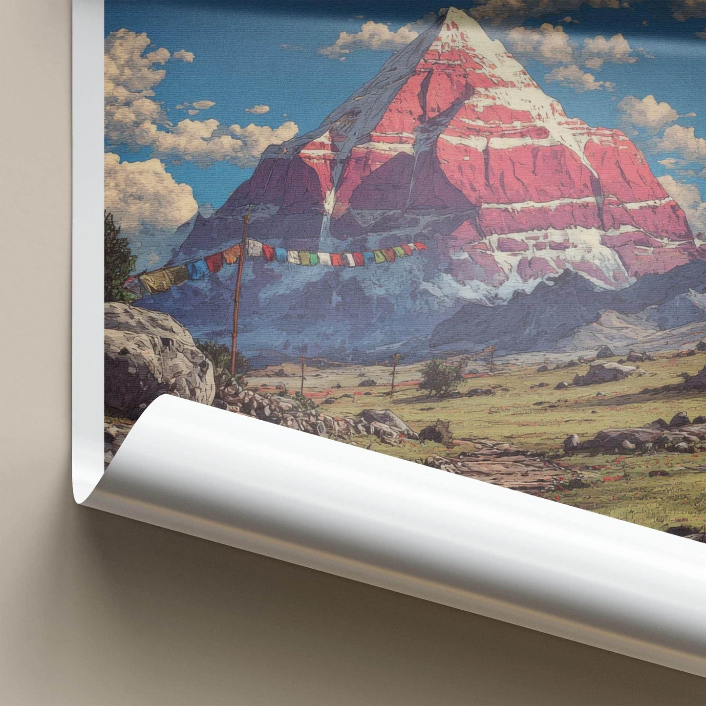 Kailash Poster - Tibet Travel Art - Red Mountain Prayerflags Home Decor
