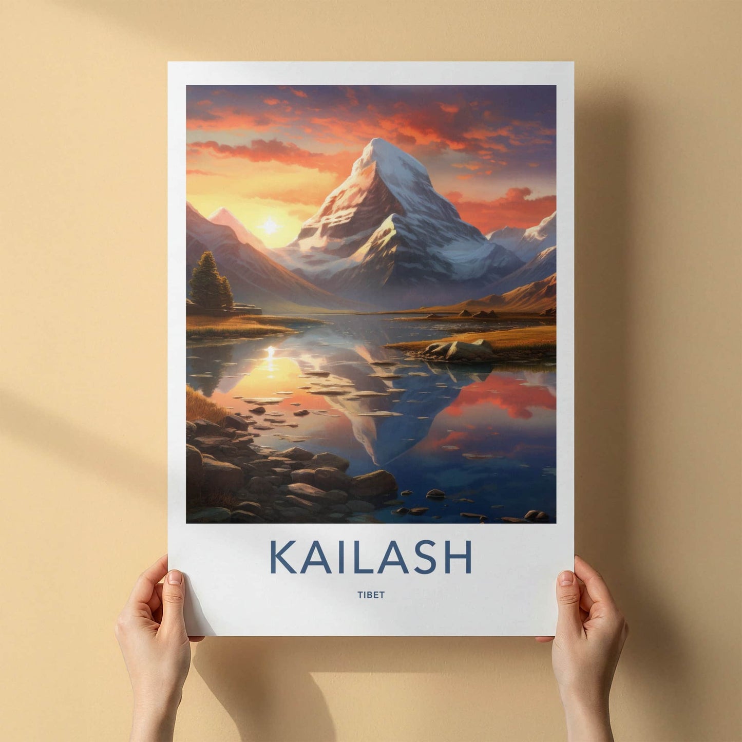 Kailash Poster - Tibet Travel Art - Sunset Peak Reflection Home Decor