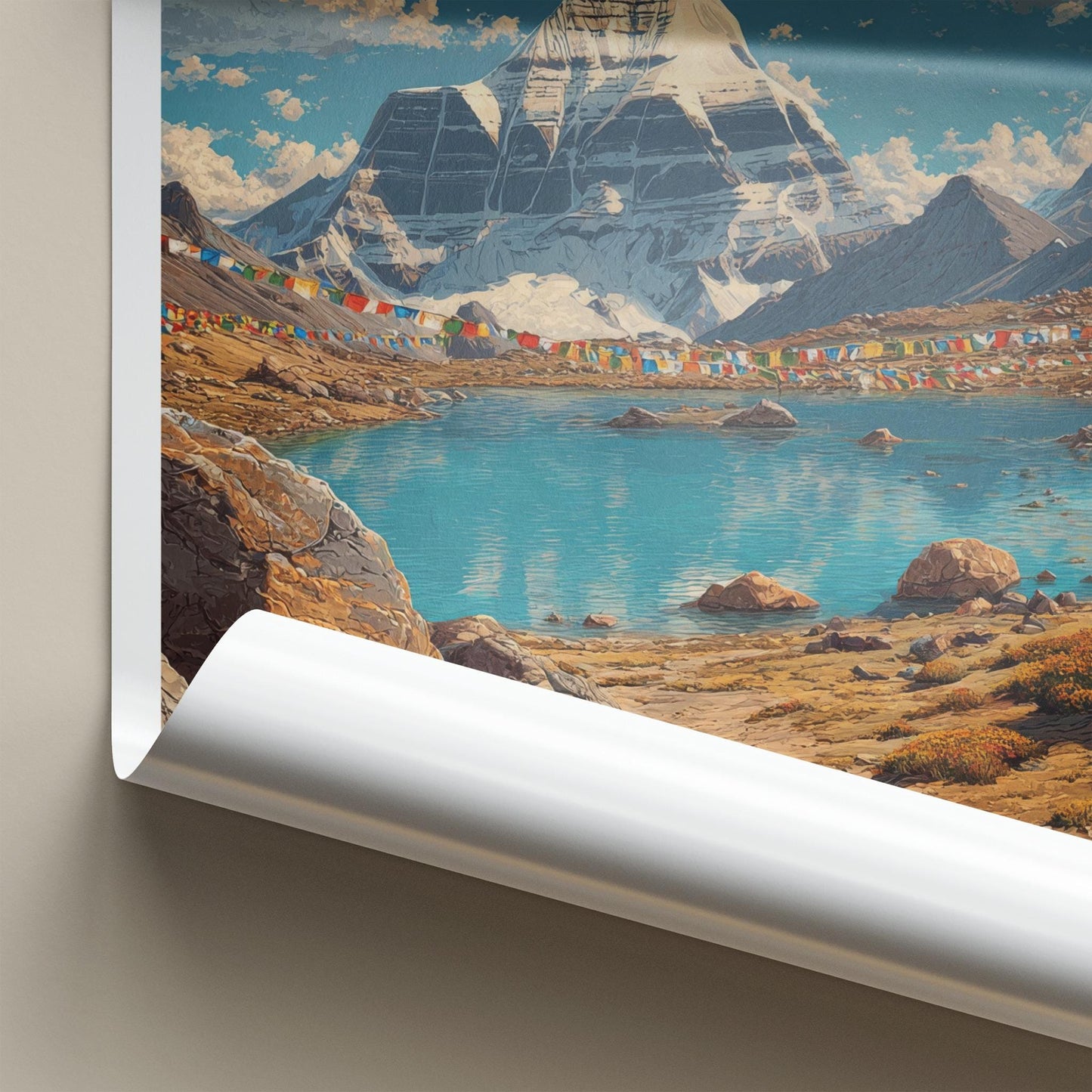 Kailash Poster - Tibet Wall Art - Snowy Mountain Prayer Flags Home Decor