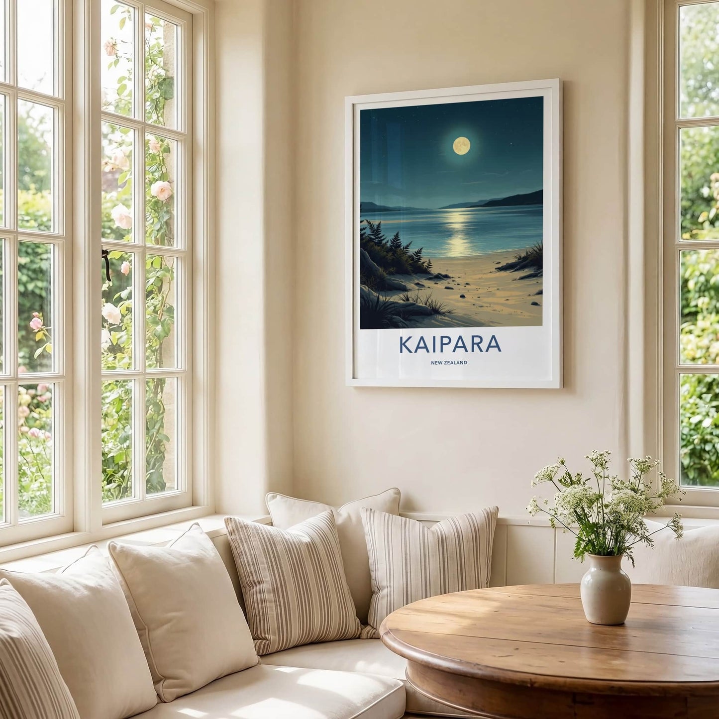 Kaipara Poster - New Zealand Travel Art - Moonlight Ocean Beach Wall Decor