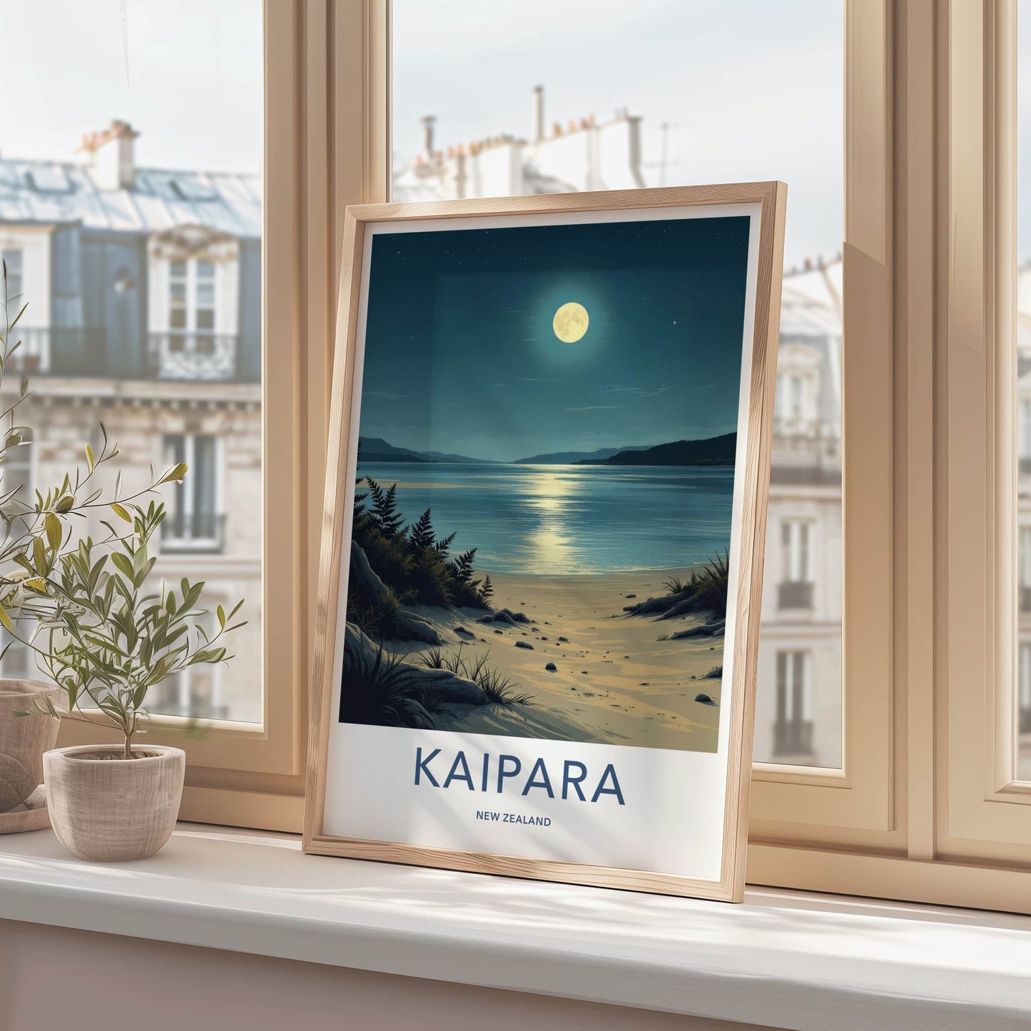 Kaipara Poster - New Zealand Travel Art - Moonlight Ocean Beach Wall Decor