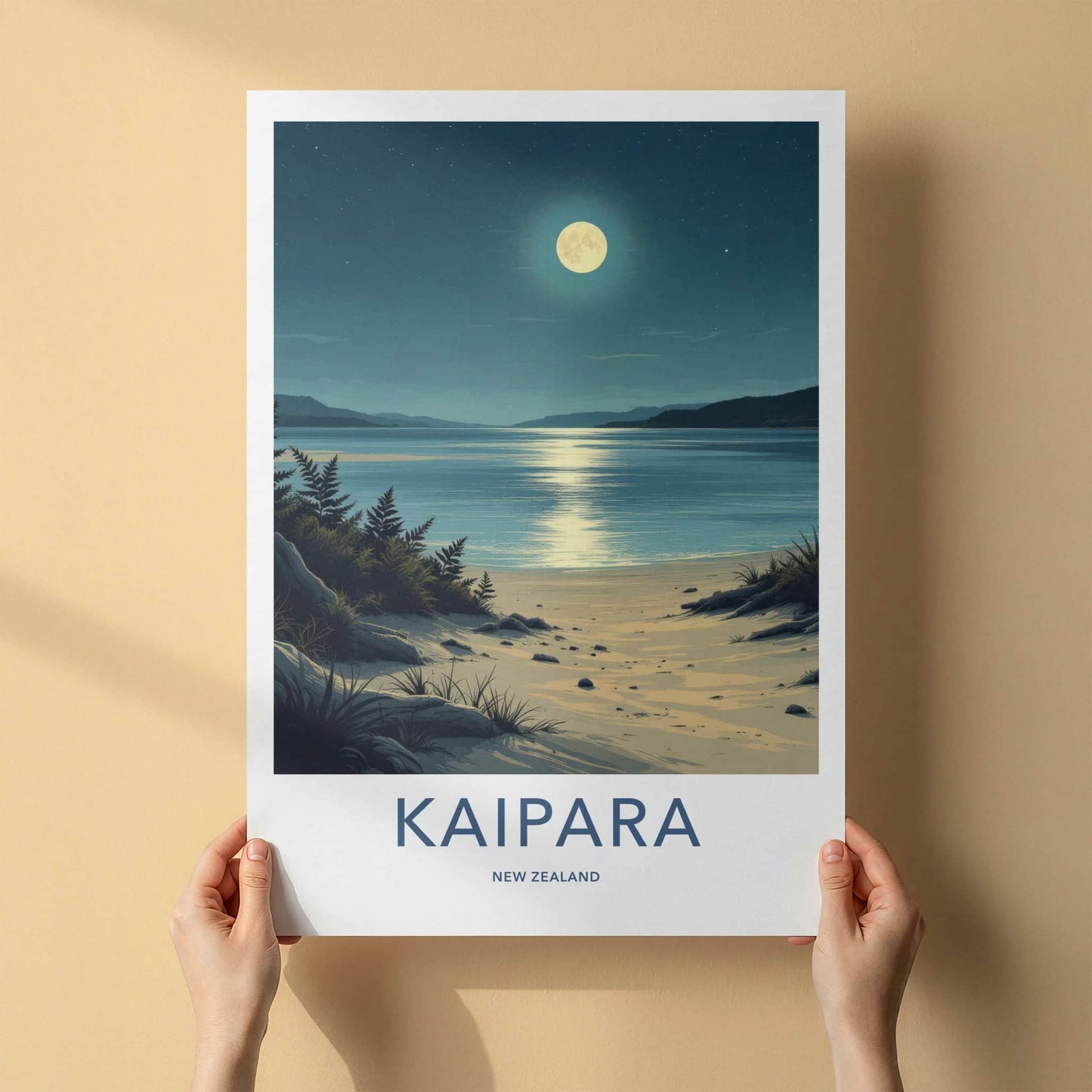 Kaipara Poster - New Zealand Travel Art - Moonlight Ocean Beach Wall Decor