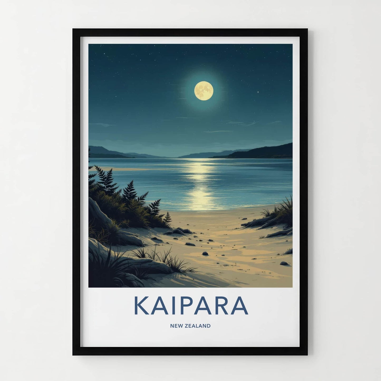 Kaipara Poster - New Zealand Travel Art - Moonlight Ocean Beach Wall Decor